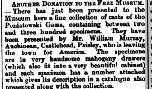mariszkalime's tweet photo. Another nice wee #Paisley &amp; #Poland connection. Donation given to the #PaisleyMuseum including casts of almost 300 of the  #Poniatowski Gems @RenPolish @moragmacp  @Natalieo_ren     June 1883 #wonderifitsstillthere https://t.co/HwIMkOSA21