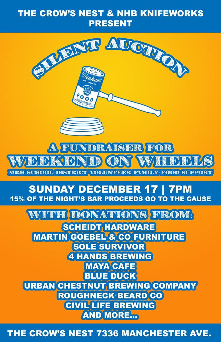TheCrowsNestSTL's tweet photo. SUN DEC 17, we’re gonna raise money for WOW with a silent auction! Come bid on something fancy for Xmas! #maplewood #mrhschooldistrict #weekendonwheels https://t.co/4NynXybri9