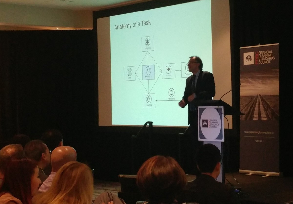 OfficialFPCan's tweet photo. Ajay Agrawal at #FinancialPlanningWeek2017 "as prediction becomes cheaper with #AI, human judgment becomes more valuable" https://t.co/aEO5UzbC23