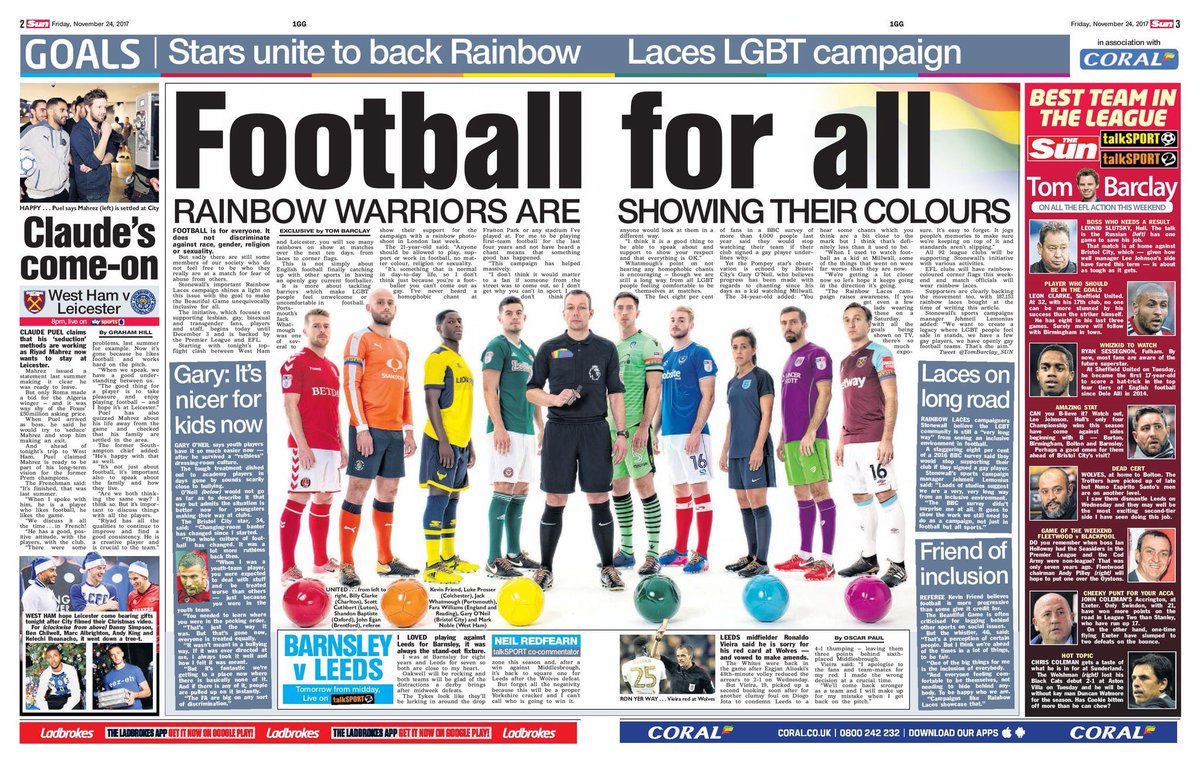 TheSunGraphics's tweet photo. Our Football pullout today. #LGBT #Footballforall #RainbowLacesِ @TomBarclay_ #TheSunGraphics 🏳️🌈 https://t.co/NjXtVtM10k