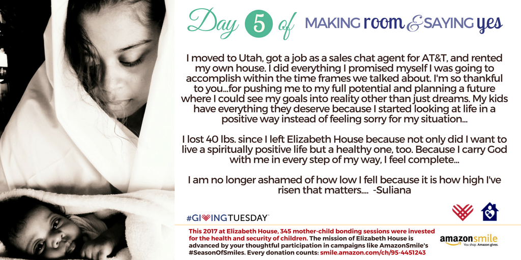 ehousepasadena's tweet photo. Read about The Power of "Yes" for one of the many women Elizabeth House is proud of...#SeasonOfSmiles. Every donation counts: https://t.co/qVRRY0J7hU (We're Family Hope). #AmazonSmile #GivingTuesday https://t.co/TCPv8LQ6Oj