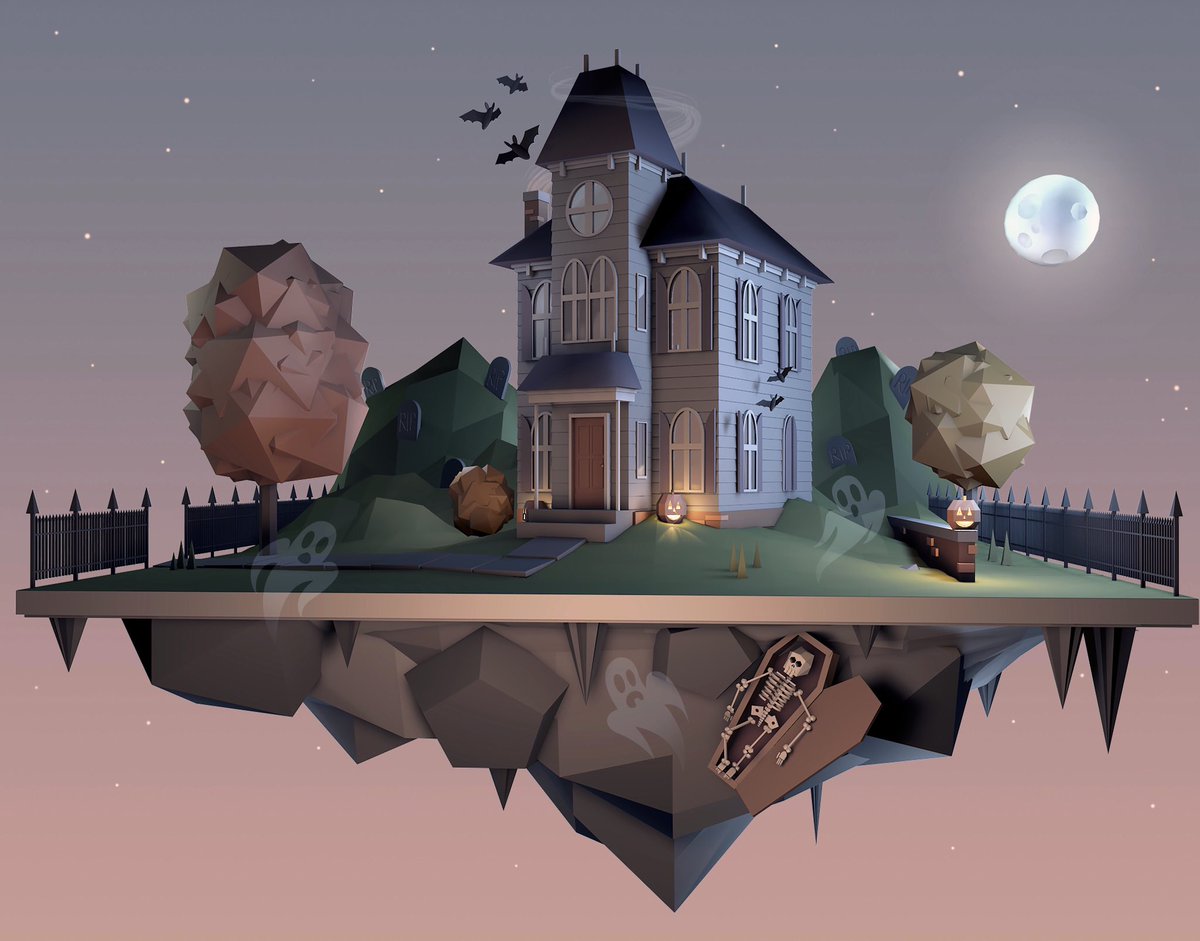 JamesDHaskins's tweet photo. My first 3D illustration of a seasonally inappropriate Halloween island. #3dillustration #isometricworld #cinema4d #illustration #halloween https://t.co/nVO82eSF4Q