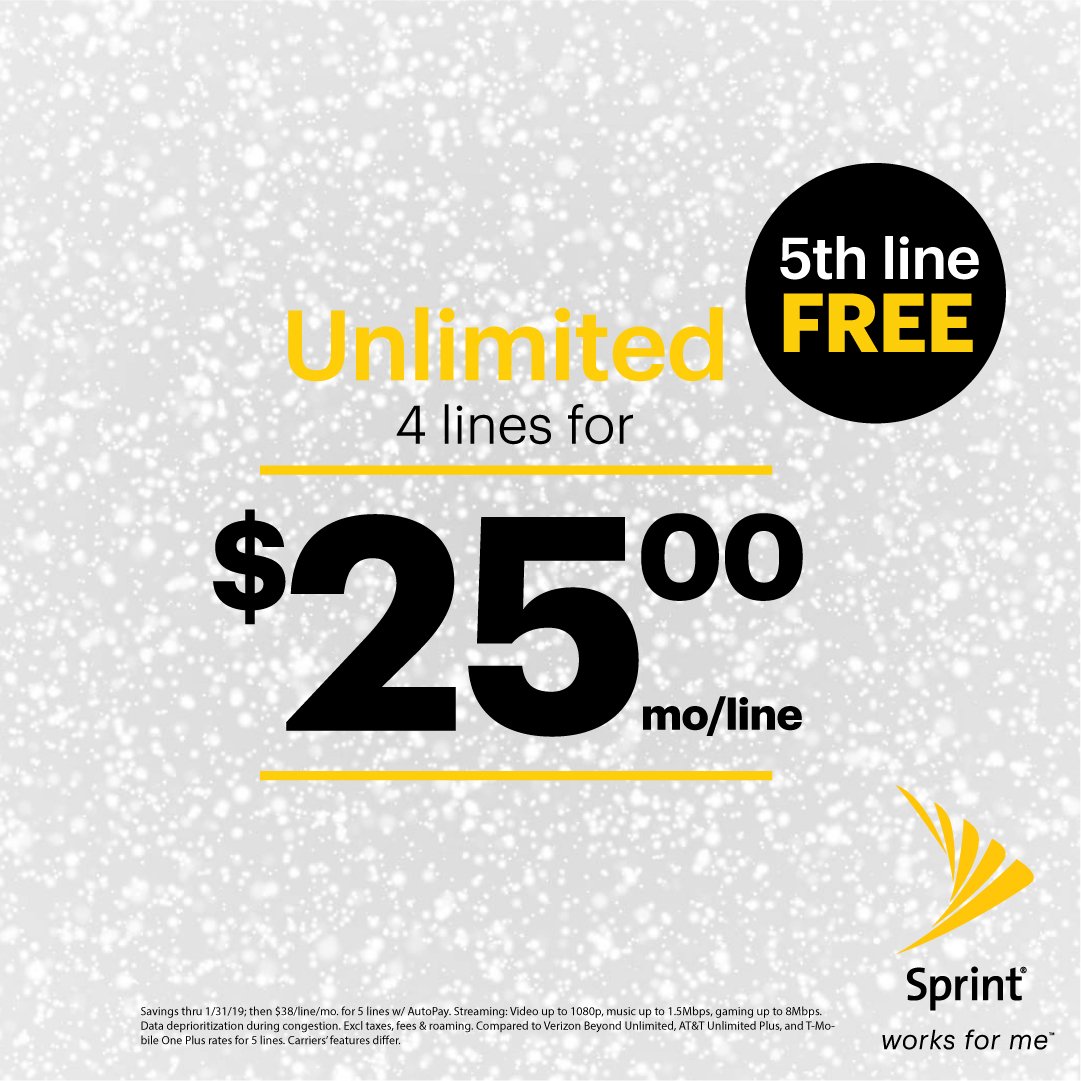 SprintMiddletwn's tweet photo. Get the BEST price for Unlimited. 4 lines $25/mo/line w/ a 5th line FREE. that’s 50% off VZ, ATT &amp; TMO!  @rlantagne21 @SPG_TSoders https://t.co/SDK3cVdrFn