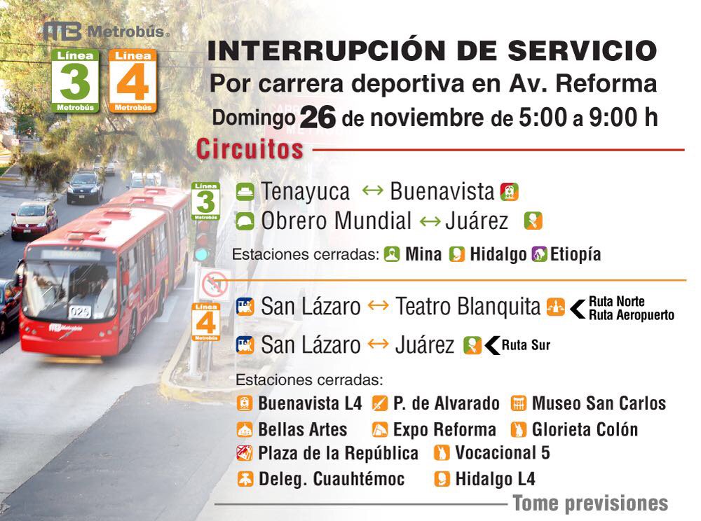 Interrupción temporal de servicio en líneas 3 y 4 este domingo 26 de noviembre por carrera deportiva en Paseo de la Reforma. Tome previsiones