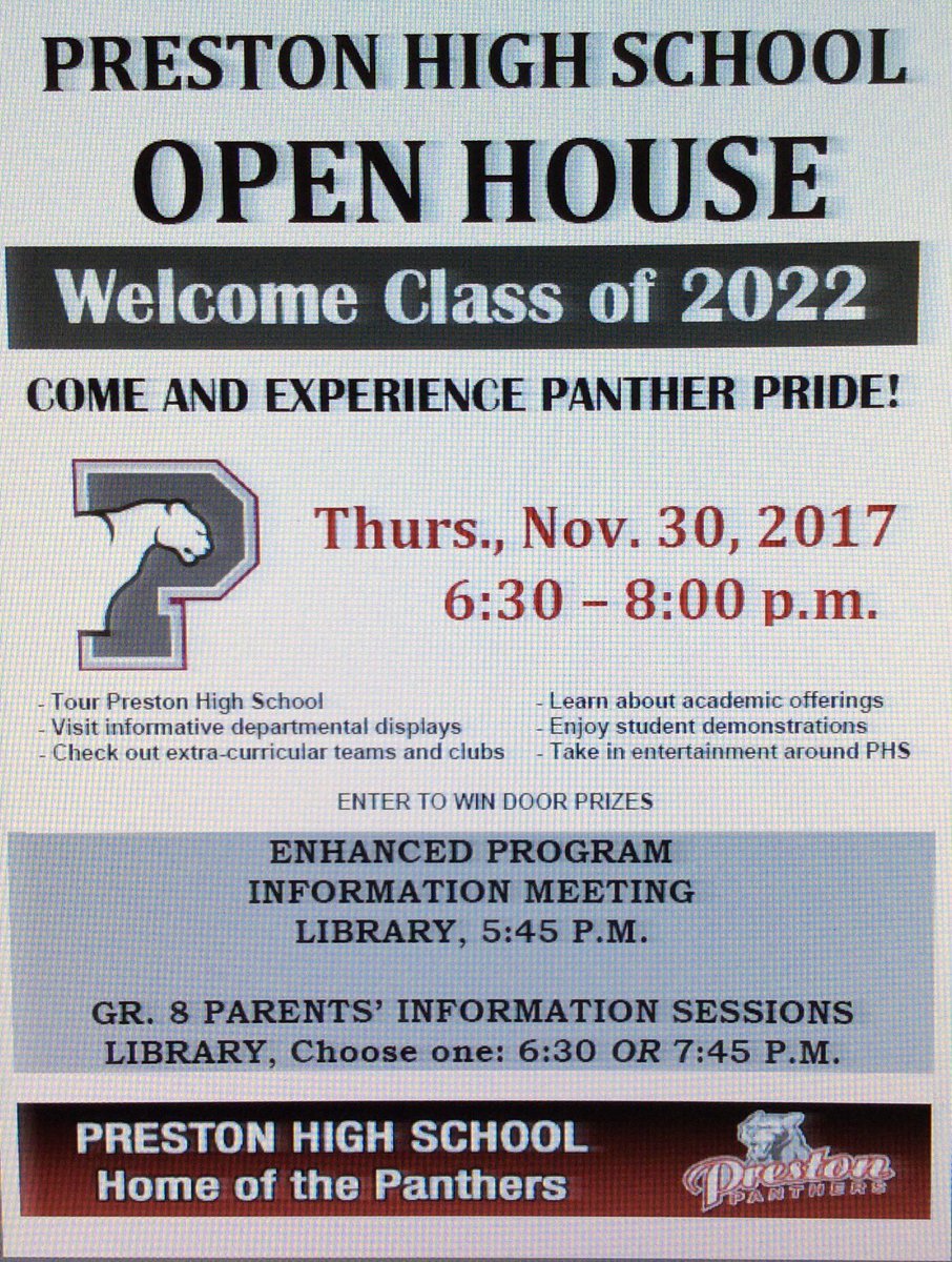 PHSGuidance1's tweet photo. @Clemens_Mill Save the date! Preston High School is having an Open House next week, grade 8 students and parents are welcome. https://t.co/09GW3IyIm9