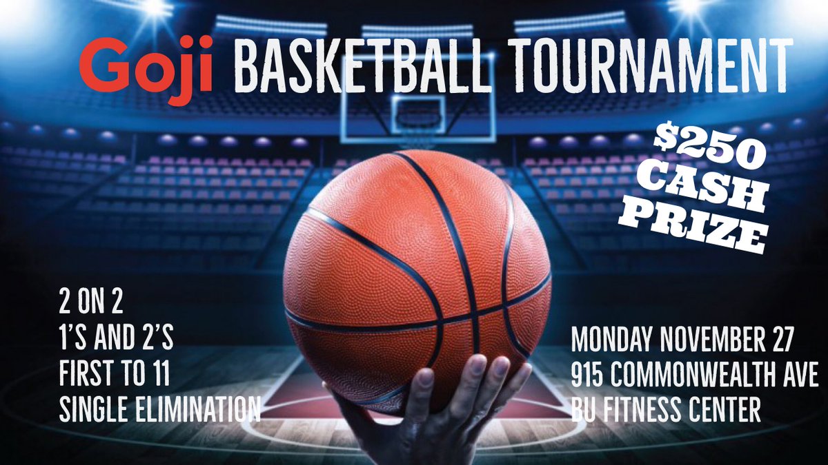 Goji_Life's tweet photo. ***UPDATE!***

The Goji Basketball Tournament will now take place Monday November 27th at Agganis Arena.  2 on 2, single elimination, and $250 on the line! 

Teams visit the front desk for details and registration. 

To learn more about #Goji visit https://t.co/pfI3uoVmO6 https://t.co/foEdl0ZLkh