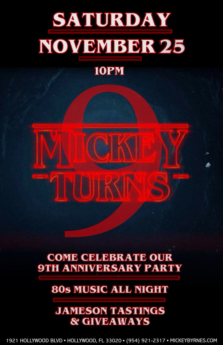 MickeyByrnesPub's tweet photo. Thanks for everyone's support the last 9 years. We'll raise a Jameson Saturday night to welcome in our 10th year! #mickeyturns9 #hollywoodfl #mickeybyrnes https://t.co/rm0Ssz1kKc