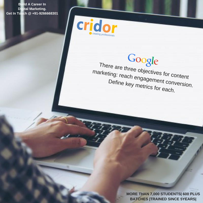 Cridor_Delhi's tweet photo. There are three objectives for content marketing: reach engagement conversion. Define key metrics for each.
Learn Digital Marketing
#SEO,
#SocialMediaMarketing,
#SocialMediaOptimzation
#GoogleAdWords
#GoogleAnalytics
#onlineAdvertisement #LeadGeneration
#ContentMarketing
#cridor https://t.co/w5g83ZsXAB