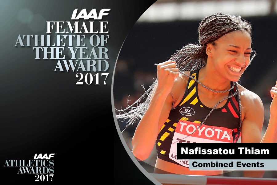 WorldAthletics's tweet photo. . @thiam_nafi wins Female Athlete of the Year Award at the #AthleticsAwards

The heptathlete broke 7000pts in Gotzis, then waltzed to world championships gold in London to add to her Olympic title

Well done, Nafi! https://t.co/jVgtu5tlgY
