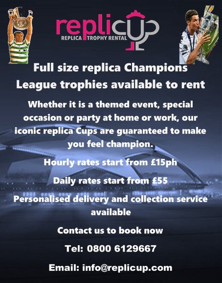 replicup's tweet image. Delighted to launch our new initiative, allowing everybody to experience that Champions League experience at their own special event or occasion. Contact us now for more details and get that Champion feeling.