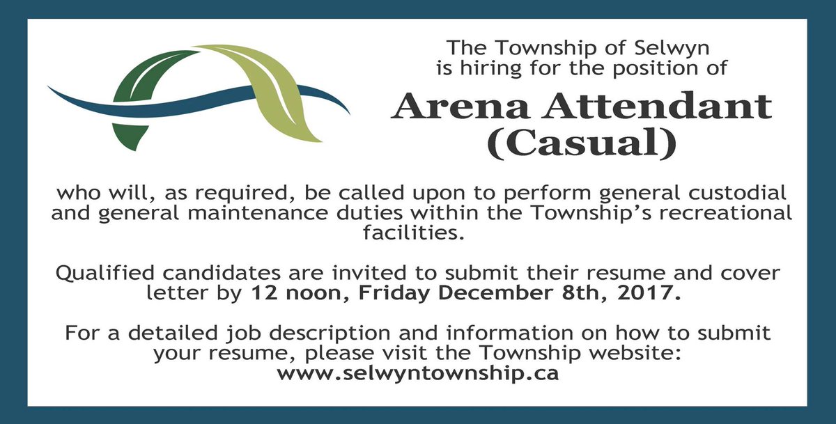 SelwynTownship's tweet photo. We're Hiring! @SelwynTownship is hiring for the following positions: Part-Time Facilities Attendant (3 month contract) and Arena Attendant (Casual) *Deadline: Friday, December 8th at 12 Noon* For more info, visit: https://t.co/2eiSPrgO2f https://t.co/kyKOFDTezH
