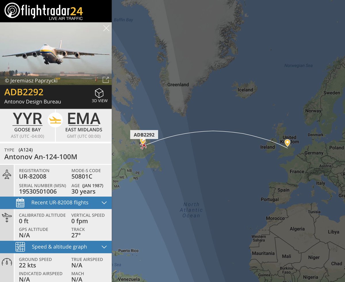 flightradar24's tweet image. The damaged engine from #AF66 (F-HPJE) is now on its way out of Goose Bay on board an @AirlinesAntonov An-124 and will undergo further inspection once in Europe.

📡
 flightradar24.com/ADB2292/fa1f194