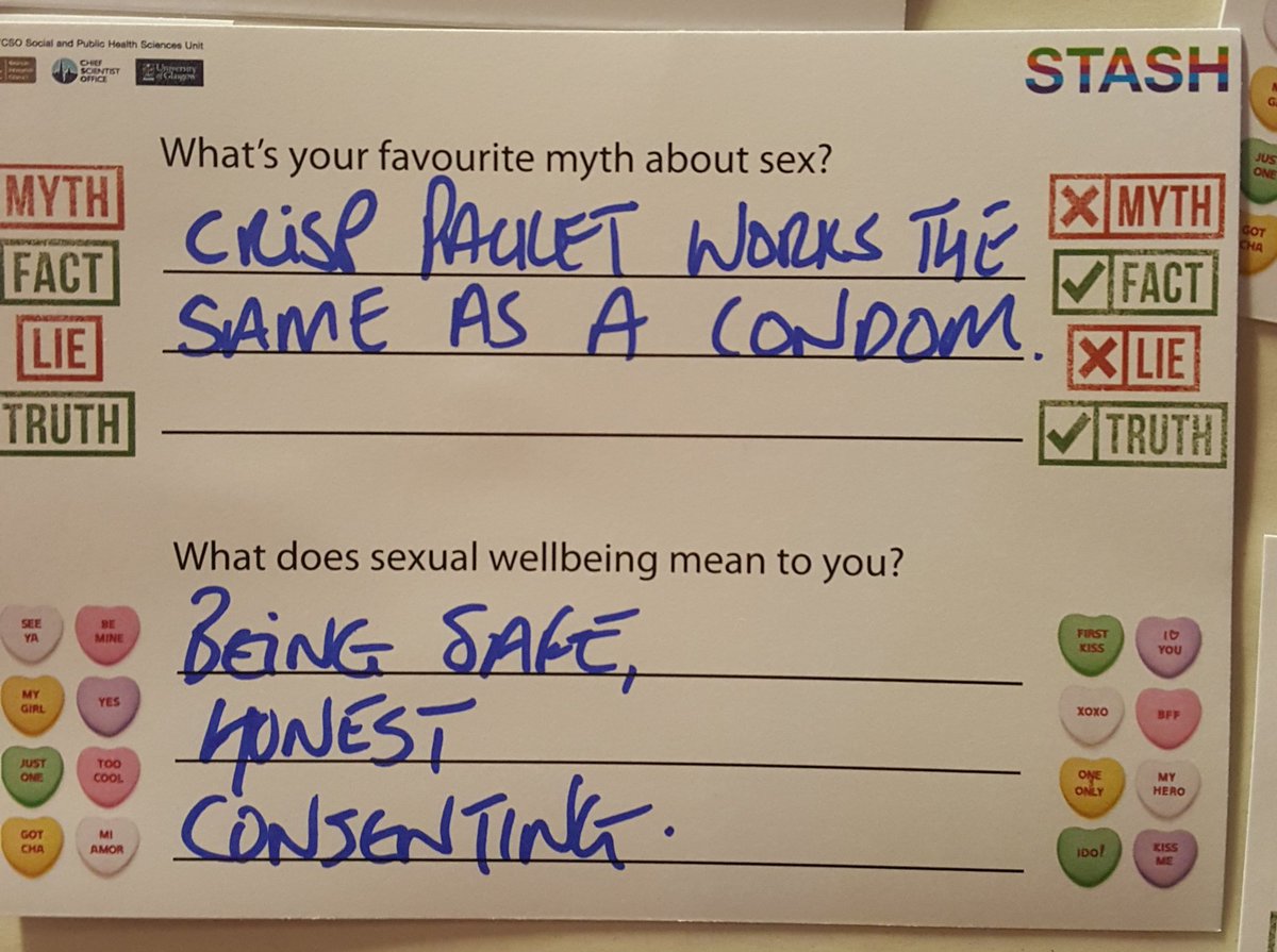 SPHSU_SocRels's tweet photo. "Crisp packet works the same as a condom" #sexmyths #GUsexyscience @hunterian https://t.co/ahv7o0qZxW