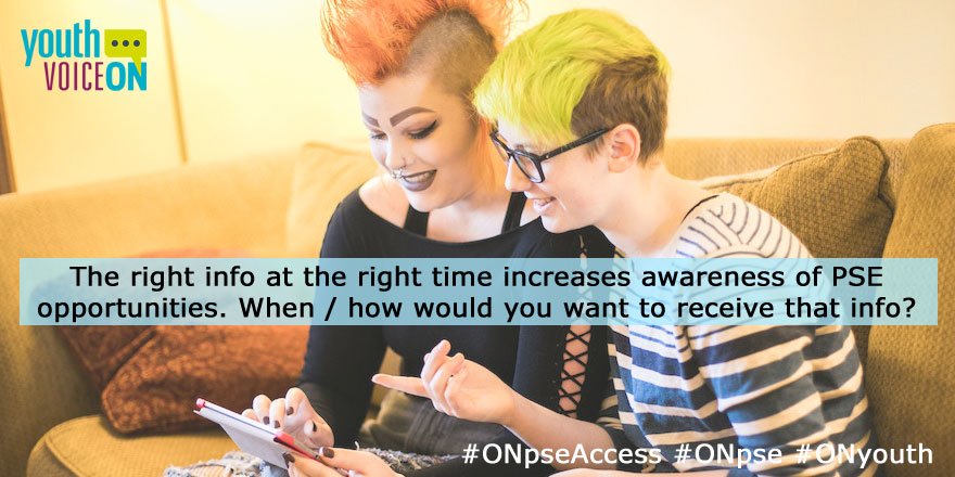 YouthVoiceON's tweet photo. The right info at the right time increases awareness of Postsecondary Education opportunities. When and how would you want to receive that info? #OnPSEaccess #ONyouth https://t.co/IY6tBh66au https://t.co/yrgZdCYAhh