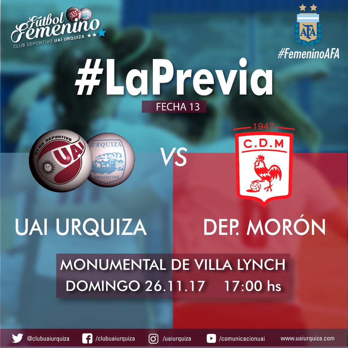 clubuaiurquiza's tweet photo. #FemeninoAFA

📍 Fecha Nº 13
⚽️ UAI Urquiza vs Deportivo Morón
🗓️ Domingo 26/11
⌚️ 17:00 hs
🏟️ Monumental de Villa Lynch

La previa completa 👉🏼 https://t.co/N8515MQ9H9 https://t.co/LrxwX1iX6s