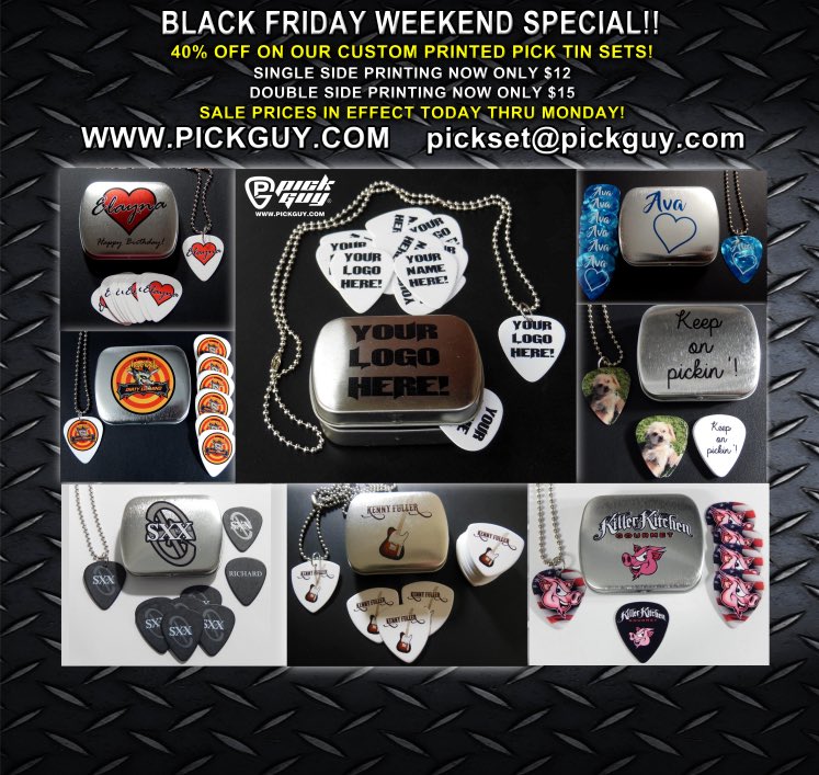 PickGuy's tweet photo. 40% off Custom Pick Tin Sets
1 side printing $12
2 side printing $15
https://t.co/aRPPHCHLBw
pickset@pickguy.com
#BlackFridayWeekend #BlackFridayDeals #pickguy #pickguyguitarpicks #guitargear #guitar #guitarpick #stockingstuffers #pickset #guitarpicks #blackfriday https://t.co/CN5UOk7qTO