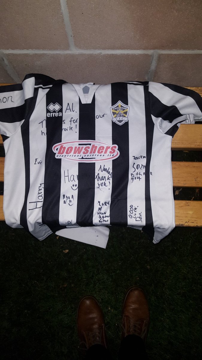 SomertonTownYFC's tweet photo. Good luck to our out going manager AL Cunningham on your new life down under .The team presented him with a signed shirt at his last training session tonight..the club will be a poorer place without Al and his families help and commitment.
#blackandwhitearmy
#GoodluckAL https://t.co/aitEHUWQ6M