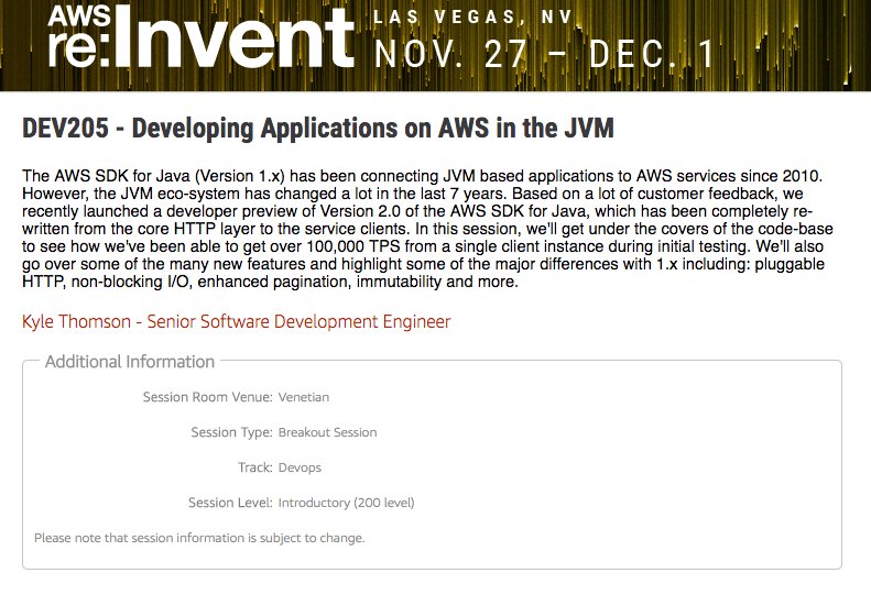 awsforjava's tweet image. Come check out @thomskyl &apos;s tour of the AWS SDK for Java 2.0 at AWS re:Invent next week!