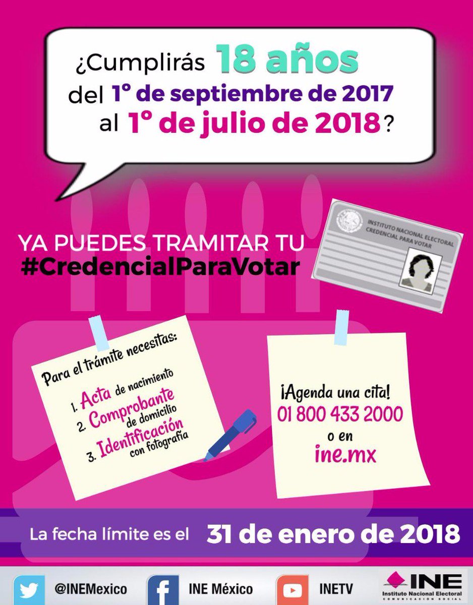 INEMexico's tweet photo. 🤷🏻 ¿Cumples 18 años entre el 1° de septiembre de 2017 y el 1° de julio del 18? ¡Tramita tu #CredencialParaVotar! Llama al 01 800 433 2000, de @INEtelMX  💁🏽‍♂️ https://t.co/udIVMsXTWU