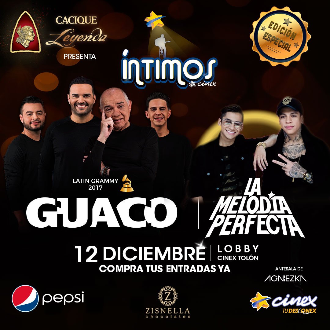 CinexVe's tweet photo. Los ganadores del #Grammy2017 @oficialguaco y la revelación @melodiaperfect llegarán el martes de 12 diciembre al cierre de #ÍntimosCinex junto a @pepsiven, @roncaciqueve y @zisnella https://t.co/t2XcBPZgYW