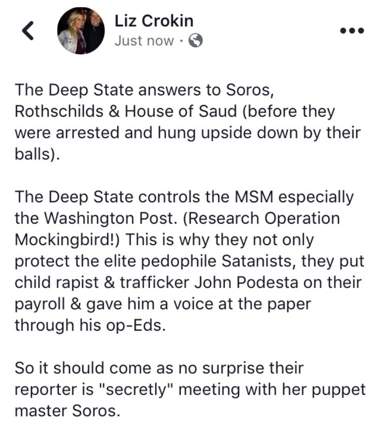 LizCrokin's tweet photo. A WaPo reporter plots with George Soros. MSM reporters are not journalists, they are puppets! Read below. #FolllowTheWhiteRabbit #Qanon https://t.co/RSOD2GYA1E