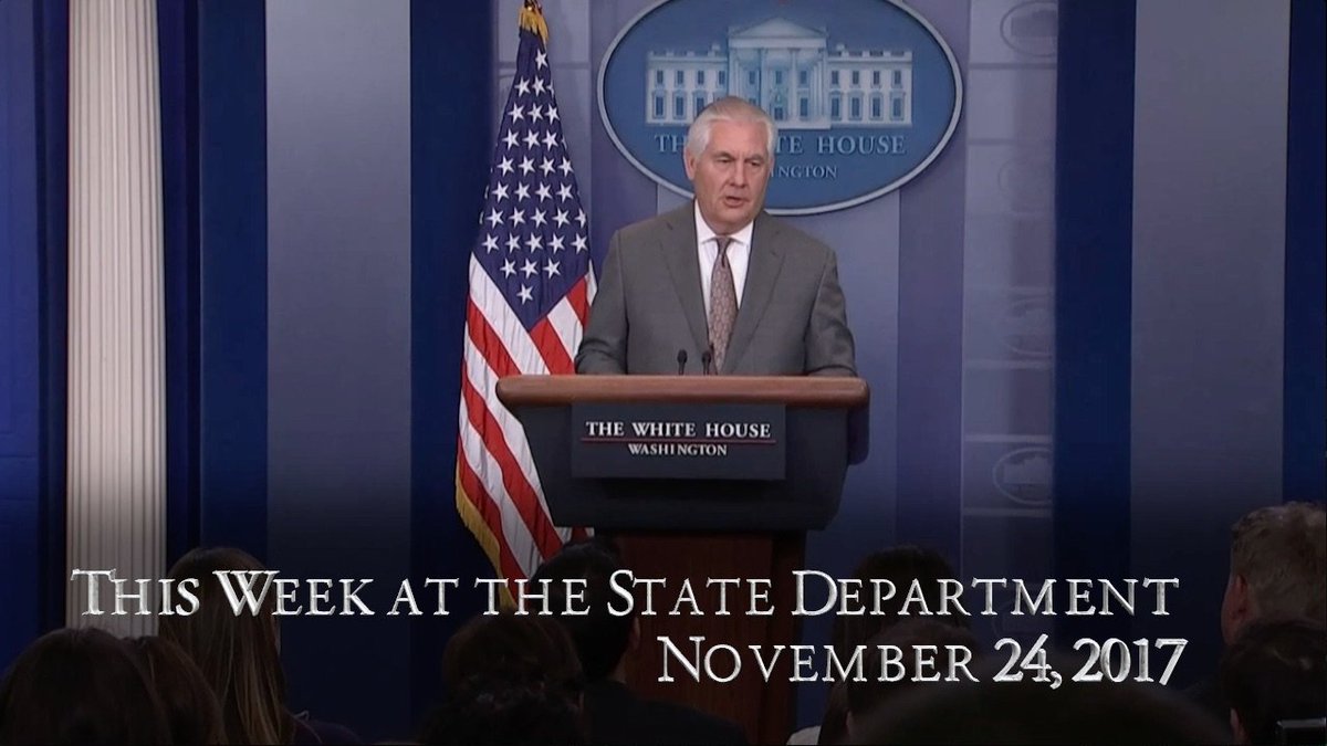 StateDept's tweet photo. US condemns attack in #Egypt, US designates #NorthKorea as state sponsor of terrorism, Sec. Tillerson refers to situation in Northern #Rakhine State in #Burma as ethnic cleansing &amp; US addresses situation in #Zimbabwe. See more from This Week at @StateDept: https://t.co/jbVy1No15I https://t.co/jamLTS71Sz