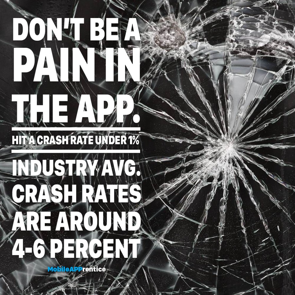 mobileapprentis's tweet photo. Avg app crash 4-6% of the time. Great ones crash a fraction of the time. Target a rate of <1%. https://t.co/yKi5IrfDbb