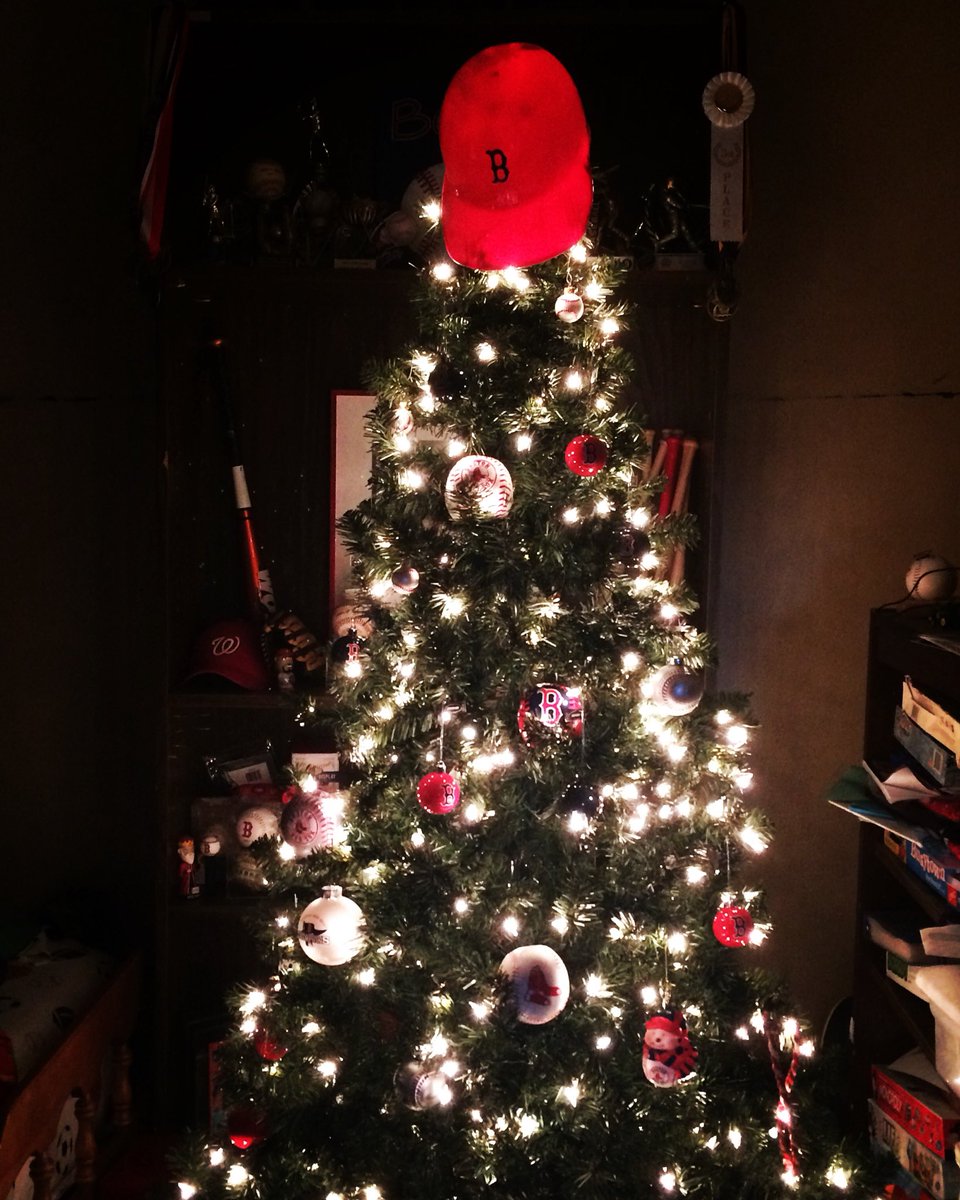 BostonBsMom's tweet photo. It’s beginning to look like Christmas in Boston’s room. @RedSox can you guess the theme? #redsoxtree #bostonb https://t.co/fgcvMWqIcT
