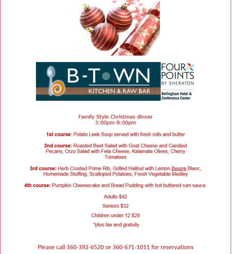 FourPoints_WA's tweet photo. Now that we are fully into the Holiday Season, don't forget about our annual Christmas Dinner in B-Town Kitchen and Raw Bar or Chinuk. This will fill up fast so make reservations today! Happy Holidays from the Four Points by Sheraton Bellingham Hotel &amp; Conference Center! https://t.co/W2e1PXuGYv