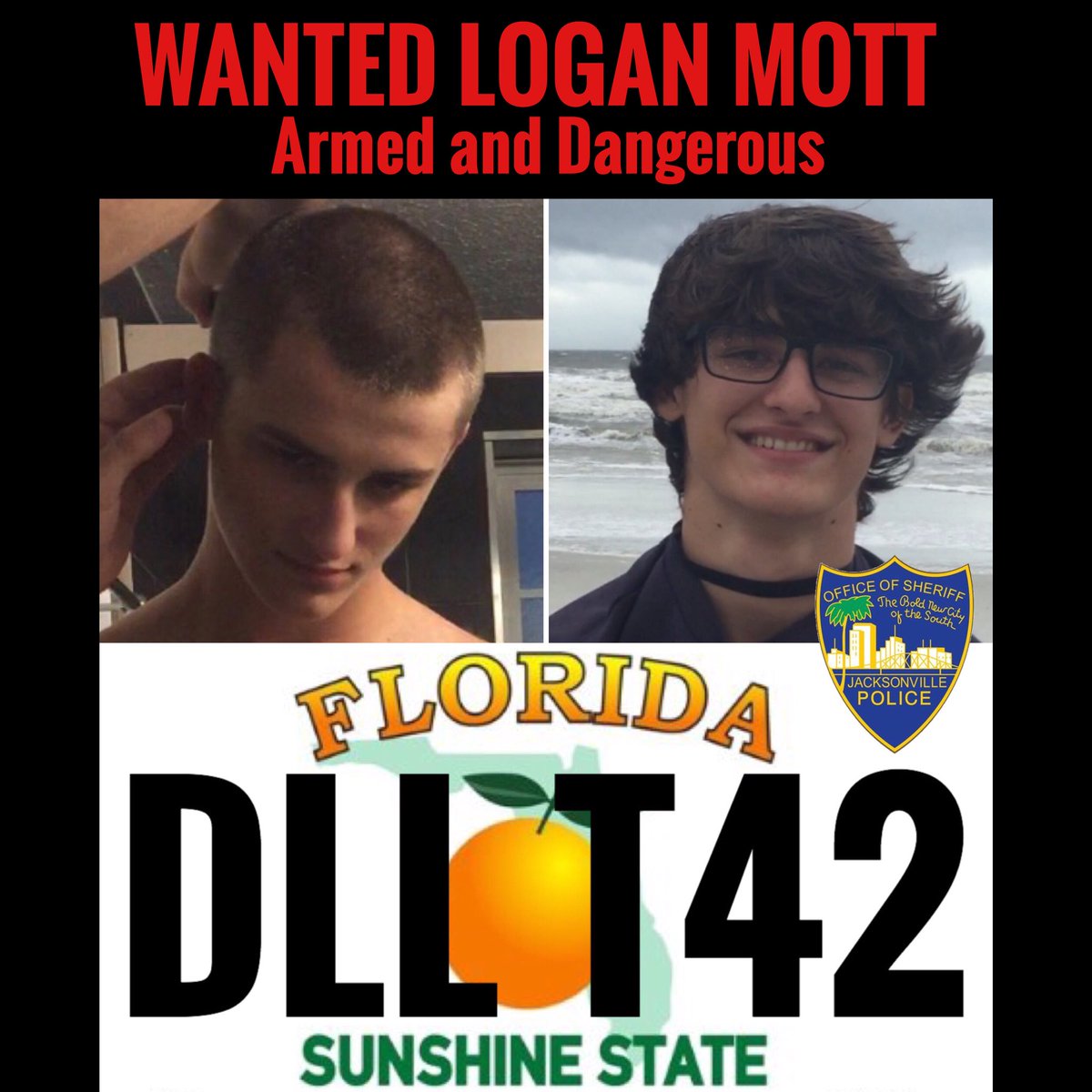 JSOPIO's tweet photo. #LoganMott is wanted for Auto Theft and is a person of interest in the death of #KristinaFrench. 2015 silver Dodge Dart with Florida tag DLLT42. Hair is like picture on left. Armed and dangerous. We believe he is in the NE USA.  Seen yesterday in PA.  Call 911 if you see him. https://t.co/fcF0r1Gs3c