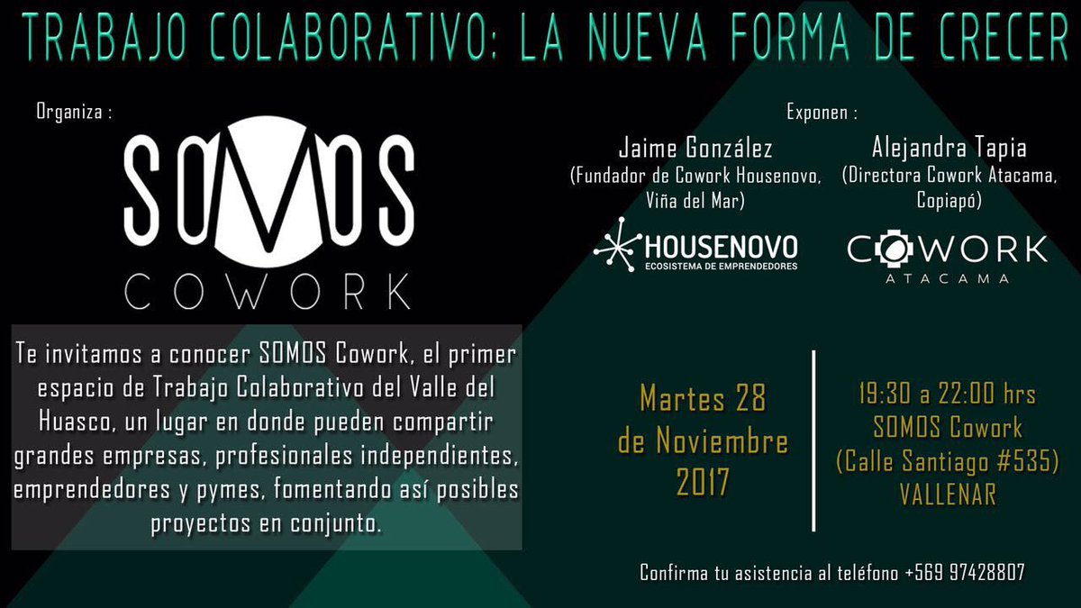 jaimemprendedor's tweet photo. Y llego el #GranDía! 👏👏👏👏👏
Nuestro Amigo #GonzaloLlorente inaugura #SomosCowork el nuevo espacio de Cowork de la Cuidad de #Vallenar y ahí estaremos para compartir nuestra experiencia con #Housenovo y #Novotraining
#TodosJuntosSomosMás 
#ChileCowork https://t.co/e5pXjpENcs