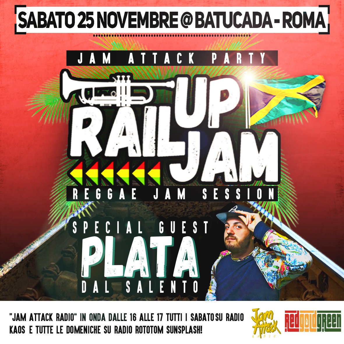 redgoldgreen12's tweet image. 25/11 RAIL UP JAM + PLATA @ BATUCADA (RM)
Torna uno degli appuntamenti dal vivo legati a #JamAttackRadio presso il #BatucadaPub! Come di consueto ci sarà jam session reggae/black con tanti musicisti e #Plata, direttamente dal #salento! #FreeEntry ! Non mancate!