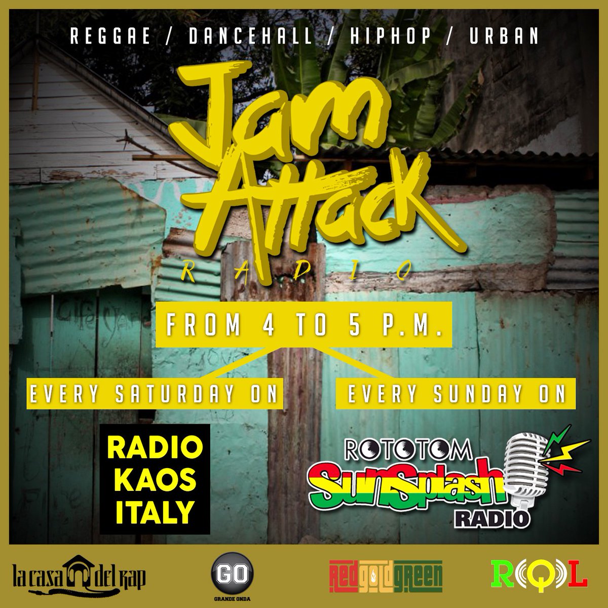 redgoldgreen12's tweet image. #JamAttackRadio from 4 to 5 p.m every:
#Saturday on #RadioKaositaly(#Italy)(radiokaositaly.com)
#Sunday on #RadioRototomSunsplash(#Spain)(bit.ly/2yXk0tD)
#Friday from 19 to 20 on #RQLWebRadio(#Finland)(bit.ly/2AgzYzT) 
#Reggae #Dancehall #hiphop #UrbanMusic