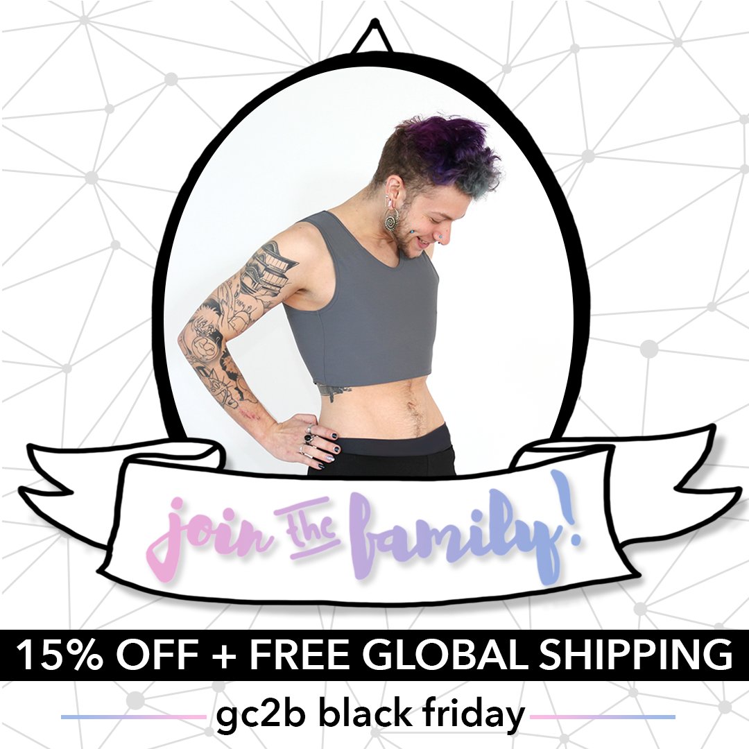 gc2bapparel's tweet photo. Don't miss the chance to get in on our best sale yet! All binder stock is 15% off, &amp; we're giving you FREE WORLDWIDE EXPEDITED shipping when you sign up for our newsletter! (ends 11/27!) #gc2b #bindersale #ftm #LGBT #trans #binder #BlackFriday

https://t.co/1SPTPT3eAC https://t.co/qO3HthmlsJ