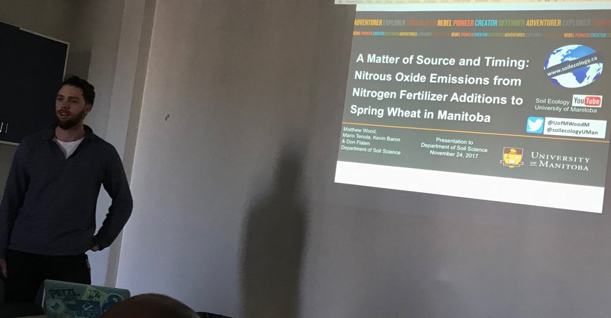 Proud of MSc student <a href="/UofMWoodM/">Matthew</a> doing a great job relating his award winning research on enhanced efficiency fertilizer and timing addition of fertilizer N on nitrous oxide reductions in spring wheat to our Department of Soil Science today <a href="/um_research/">uManitoba Research</a>