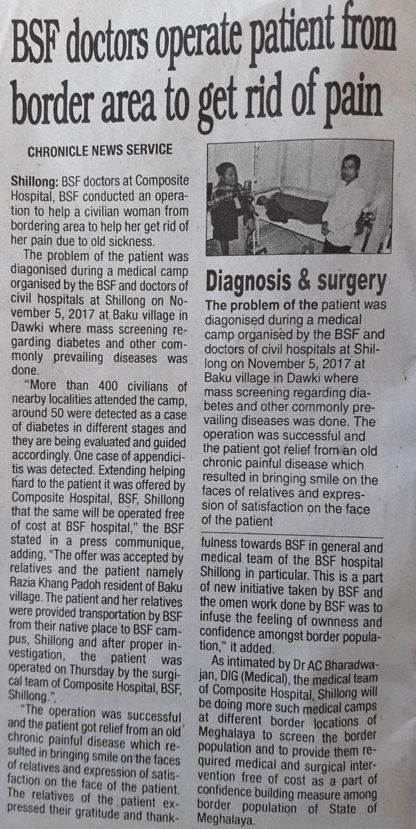 BSF_India's tweet photo. #CommunityOutreachActivity
Caring #Bordermen bringing back smiles to Border Area Residents
Free medical camp, organised at Baku village of Dowki area #Meghalaya , extended help of diagnosis and followed surgery to a visiting lady to get rid of her old painful disease https://t.co/5DRnY46wPO