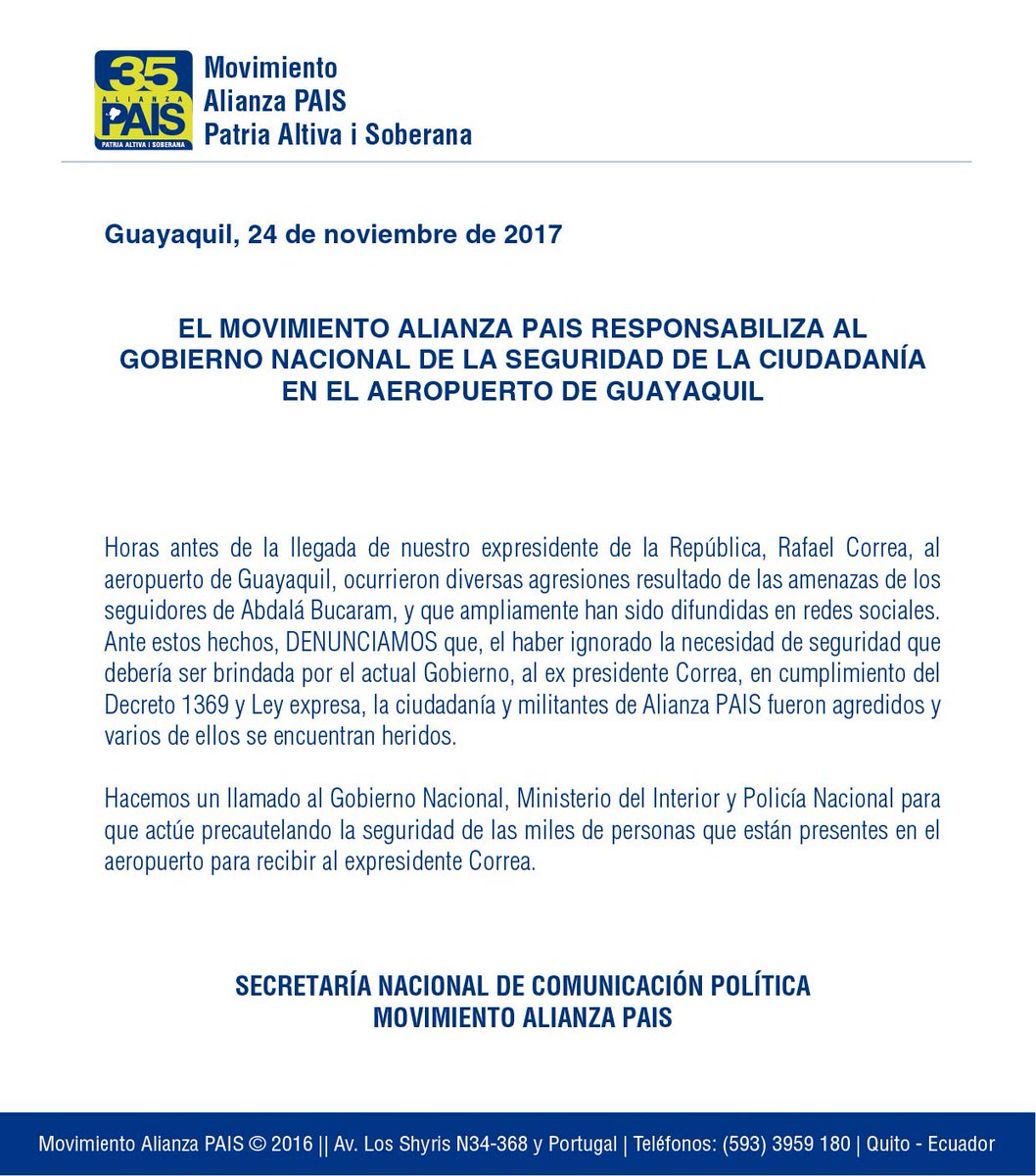 35MOVER's tweet photo. COMUNICADO de la Secretaria Nacional de Comunicación Política del Movimiento Alianza @35PAIS responsabilizando al gobierno nacional de la seguridad de la ciudadanía en el aeropuerto de Guayaquil. https://t.co/uiUHxi0set
