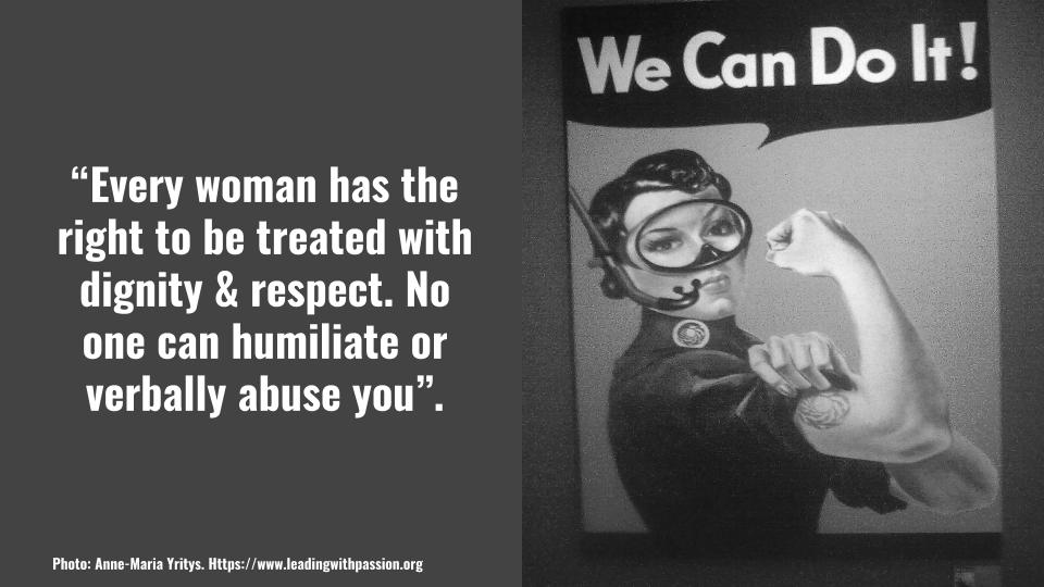 annemariayritys's tweet photo. "Every woman has the right to be treated with dignity and respect. No one can humiliate or verbally abuse you". https://t.co/WGNG3SpNgL #genderequality #feminism https://t.co/f74VaLDtYZ