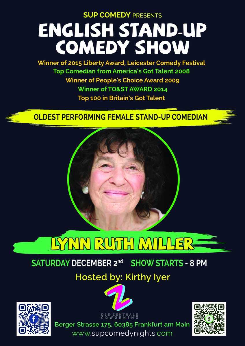 zentrale_ffm's tweet photo. 02.12.17 "Sup Comedy brings English Stand-up Comedy Show with award-winning headliner Lynn Ruth Miller"
#supcomedy #comedy #english #frankfurt #ffm #frankfurtammain #coworking #space #zentrale #spaces #office #startup https://t.co/Tqwf8onSS2