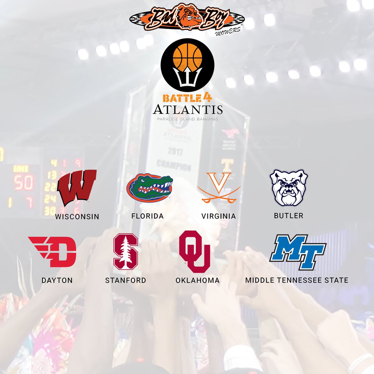 atlantisbahamas's tweet photo. #Official: Participating Teams for the 2018 @badboymowers #battle4atlantis:
.
@UWBadgers @FloridaGators  @UVAMensHoops  @ButlerMBB  @DaytonFlyers  @Stanford  @OU_MBBall  @MT_MBB https://t.co/ns28ve6WP2