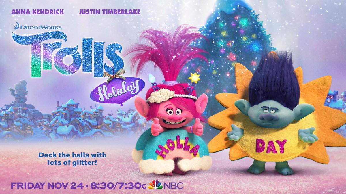 nbc's tweet image. "What's on NBC right now?"

Glad you asked!😉 You're just in time to watch #TrollsHoliday.