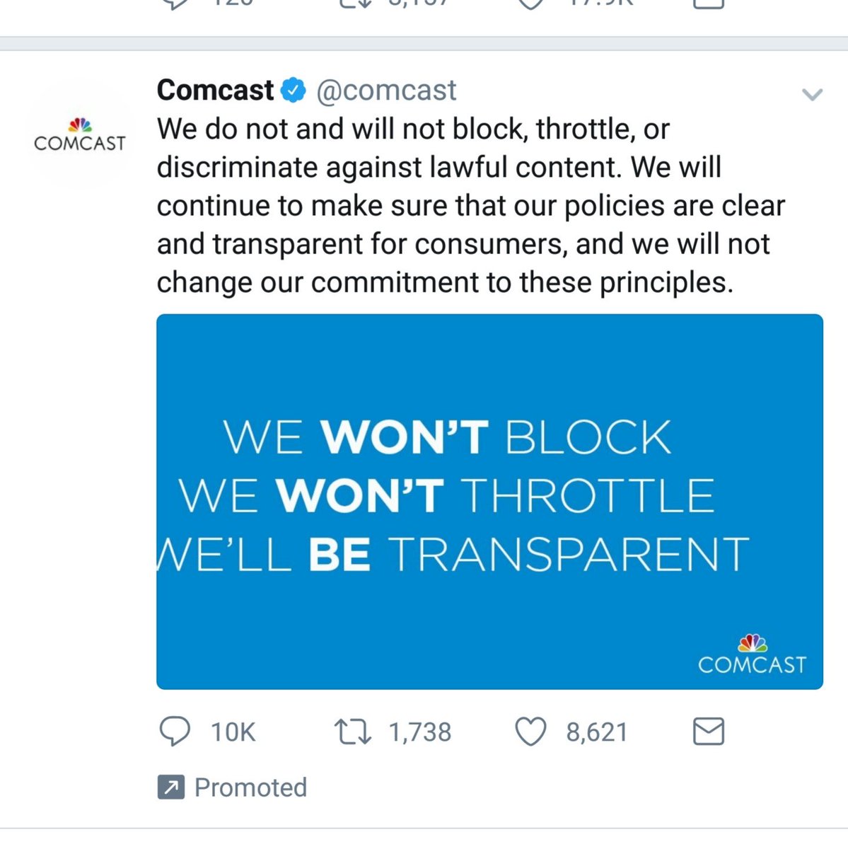 SpoopyHaus's tweet photo. The fact that this is a promoted tweet on my timeline is absolutely absurd. @comcast you're not fooling anybody. Your actions behind the scenes probe an entirely different story than the one that you're promoting here. We will not stand for this. #KeepOurNetFree https://t.co/lKPGDfwAOD