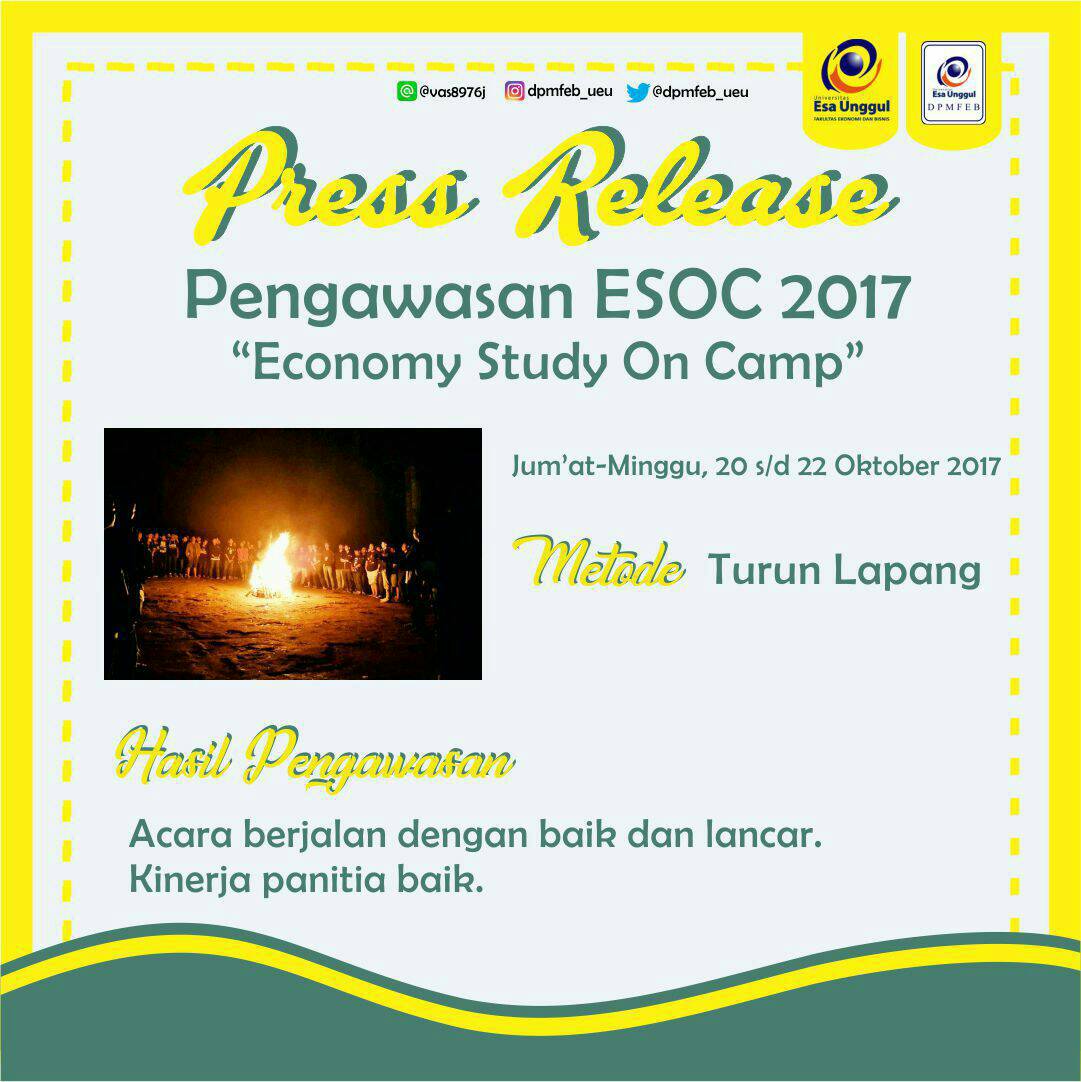 [PRESS RELEASE]

Metode:
Turun Lapangan

Berikut adalah evaluasi kegiatan ESOC 2017 yang berlangsung dari 20-22 Oktober 2017:

Secara keseluruhan acara berjalan sangat baik dan lancar.
Kinerja panitia baik dan memuaskan.
#yukorganisasi
#ESOC2017