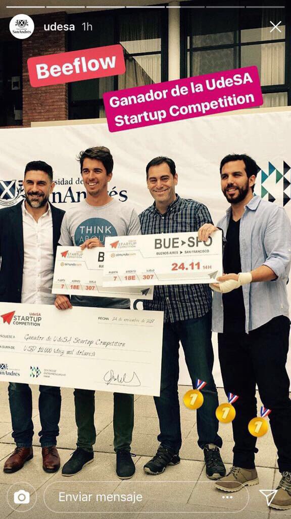 Felicitaciones @MatiasViel ganador de la 1era UdeSA Start UP Competition! Beeflow es su proyecto, que eficientiza la politización con abejas a través de la tecnología