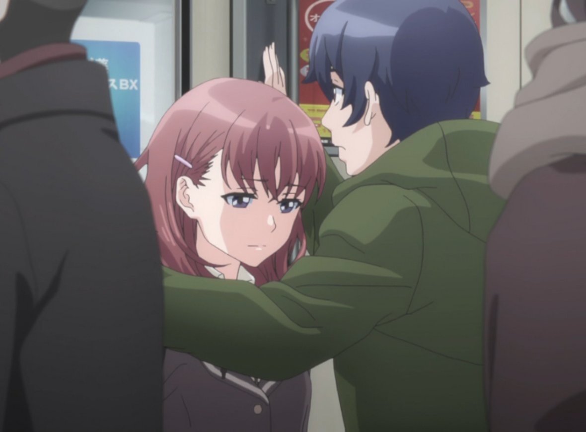 ミキテリアりんご Jb Anime ７話 完全なる 彼氏彼女体制だな だいたい 彼氏彼女の関係なら 電車で混雑してるときは だいたいこんな姿勢になるけど 壁ドンならぬ ドアドン 自分にここまでしてくれる泉 ますます 気持ちが傾かざるを得ない