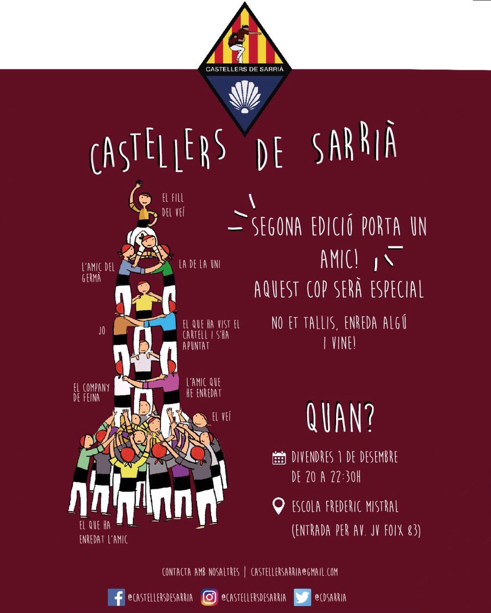 🎊🎉 ASSAIG PORTA MÉS D'UN AMIC 🎉🎊

Una tarda carregada de sorpreses! 🎁I per acabar...... Pica pica i begudes gratuïtes per a tots els assistents! 😍🍻

Dv 1 de desembre a les 20h
Gimnàs del Frederic Mistral 🏫 (Av. JV. Foix, 83)