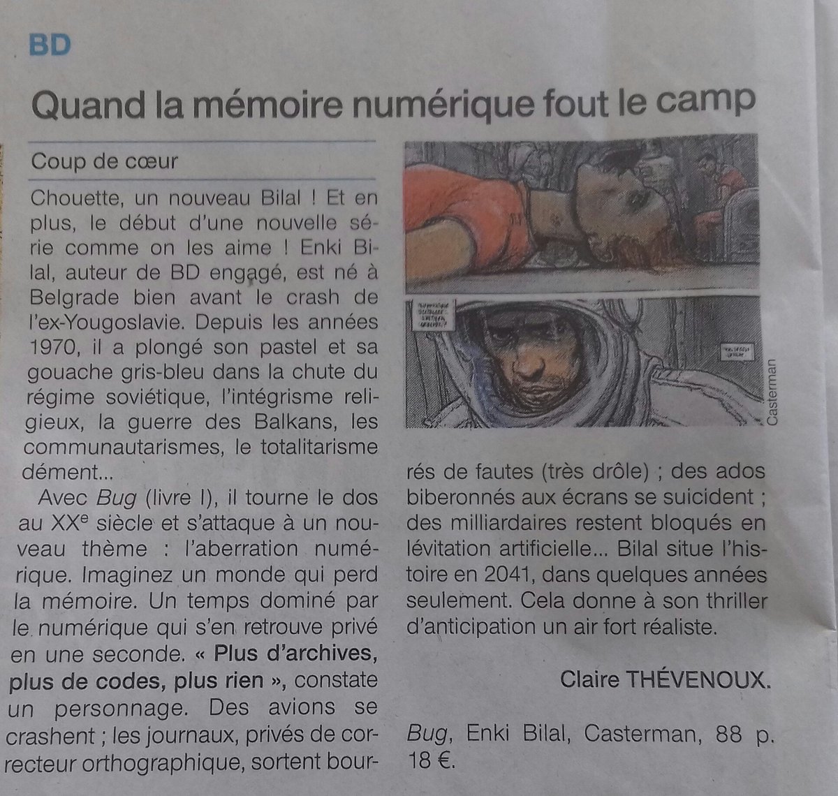 JeanYvesLeClerc's tweet photo. Conséquences d'un monde sans #archives d'après #Bilal via @ouestfrance35 du jour. À lire d'urgence par tous les #archivistes...et les autres ; -) ! #BD #numerique #Casterman https://t.co/kkD31K4KmR