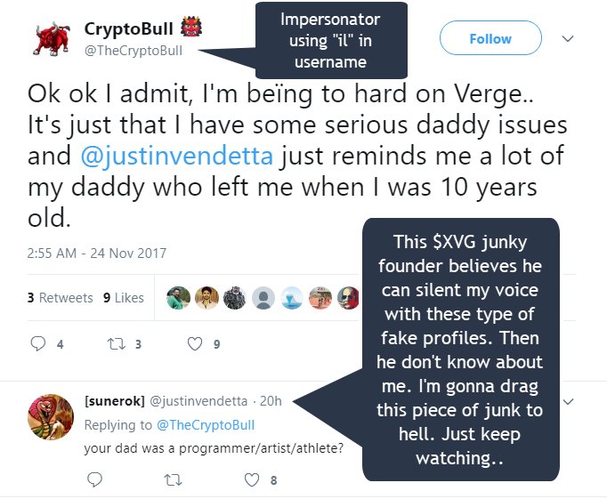 TheCryptoBull's tweet photo. This $XVG junky founder @justinvendetta believes he can silent my voice via creating fake profiles. Then Mr. Justin alias crackhead listen, I'm never gonna stop exposing you and your SCAM project #Verge. #XVGscam #VergeSCAM #ScamAlert - $BTC $ETH $LTC https://t.co/Ii4XuHqrtM