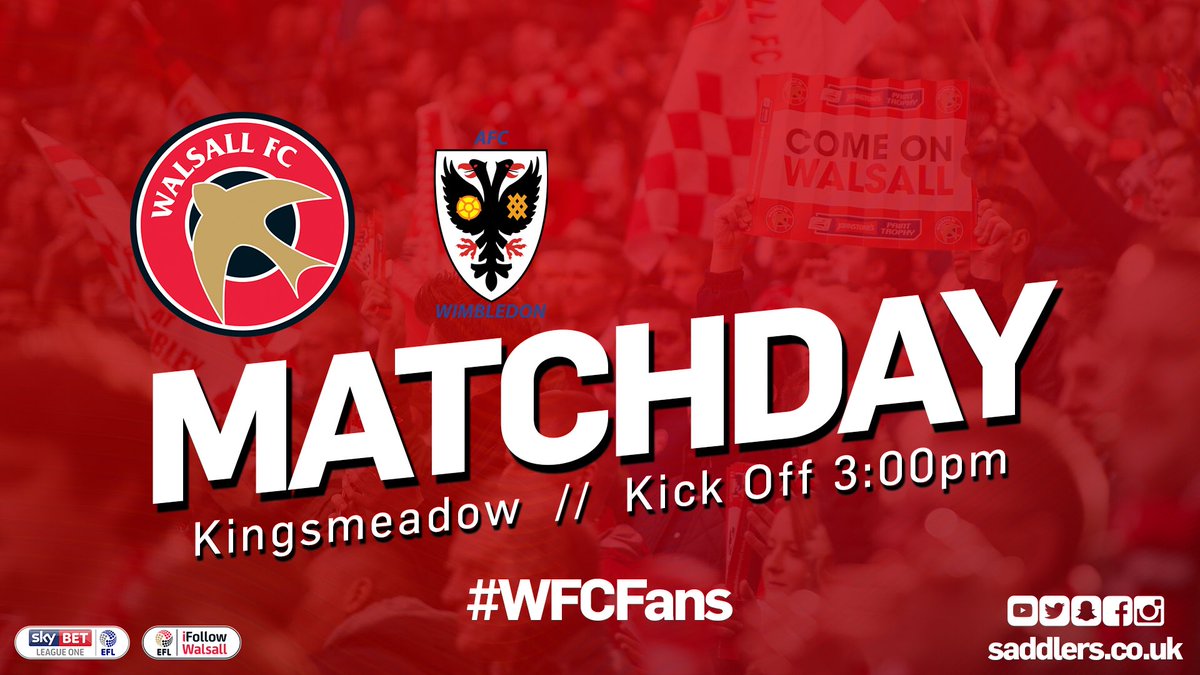 WFCOfficial's tweet photo. ๐ดโซ๏ธ MATCHDAY! ๐ดโซ๏ธ
โฝ๏ธ AFC Wimbledon v Walsall
๐ League One
๐ 3.00pm
๐
25th November 2017
๐ Kingsmeadow
๐ฑ #WFCfans https://t.co/kDvBIOmy2X