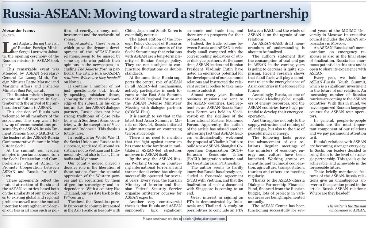 EvanLaksmana's tweet photo. #Russian Ambassador to ASEAN seems to have forgotten that ad-hominem attacks against a former Singaporean diplomat in op-ed pages (@jakpost) may not be the best move given who will become #ASEANchair next year. #pointless https://t.co/yQbmFE2SPN
